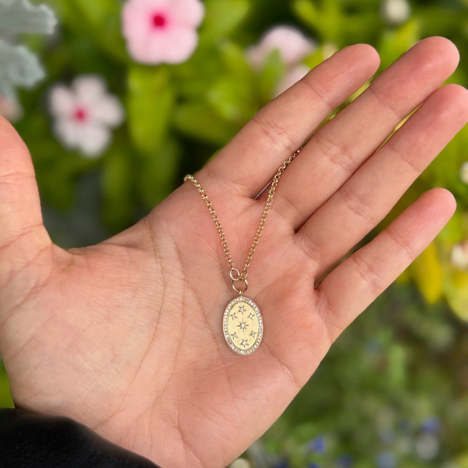 Diamond Starburst Oval Medallion Necklace