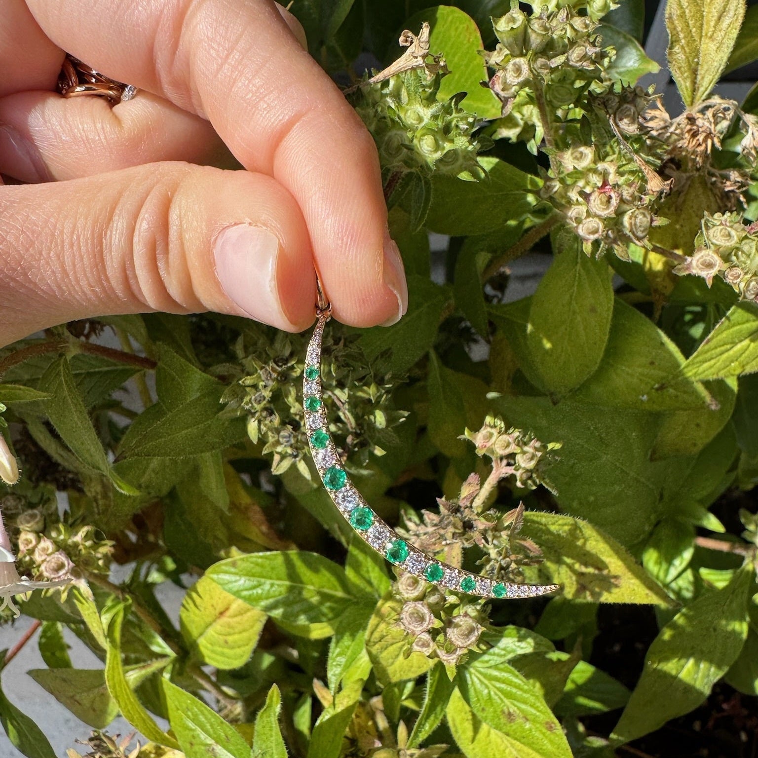 Emerald & Diamond Crescent Moon Charm