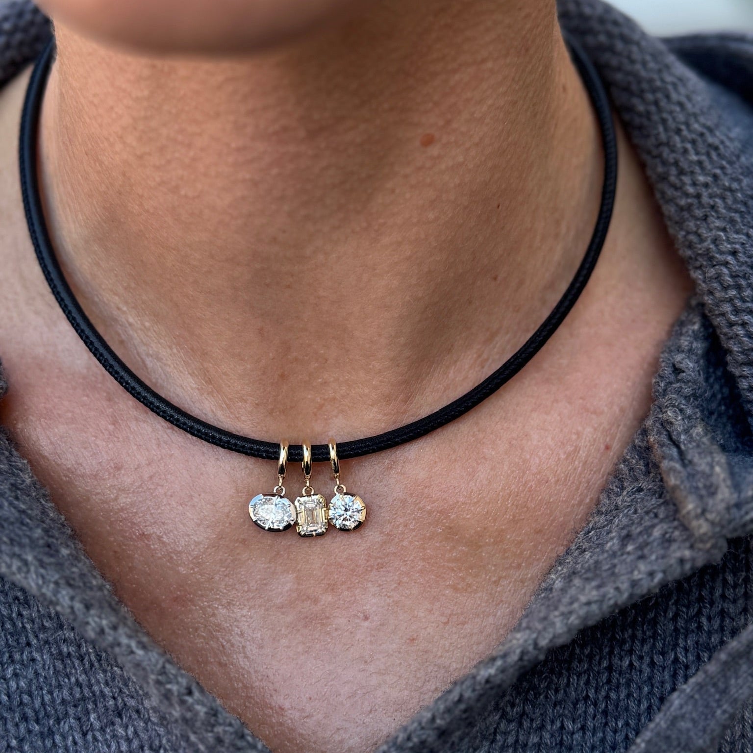 Leather Cord with Lab Grown Diamond Trio Detachable Charms