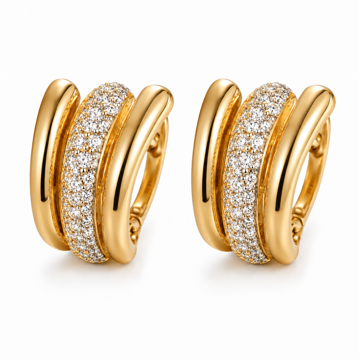 Yellow Gold Triple Row Pave Huggie Earrings