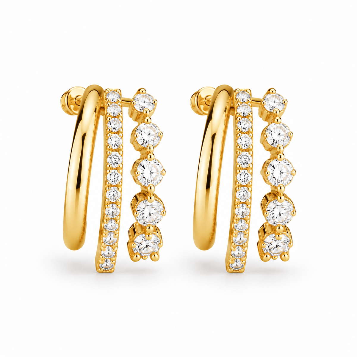 Yellow Gold Triple Row Bezel & Pave Huggie Earrings