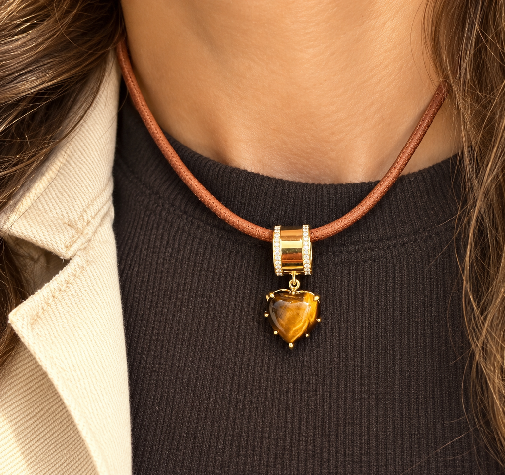Tiger Eye Heart Charm On Large Bail