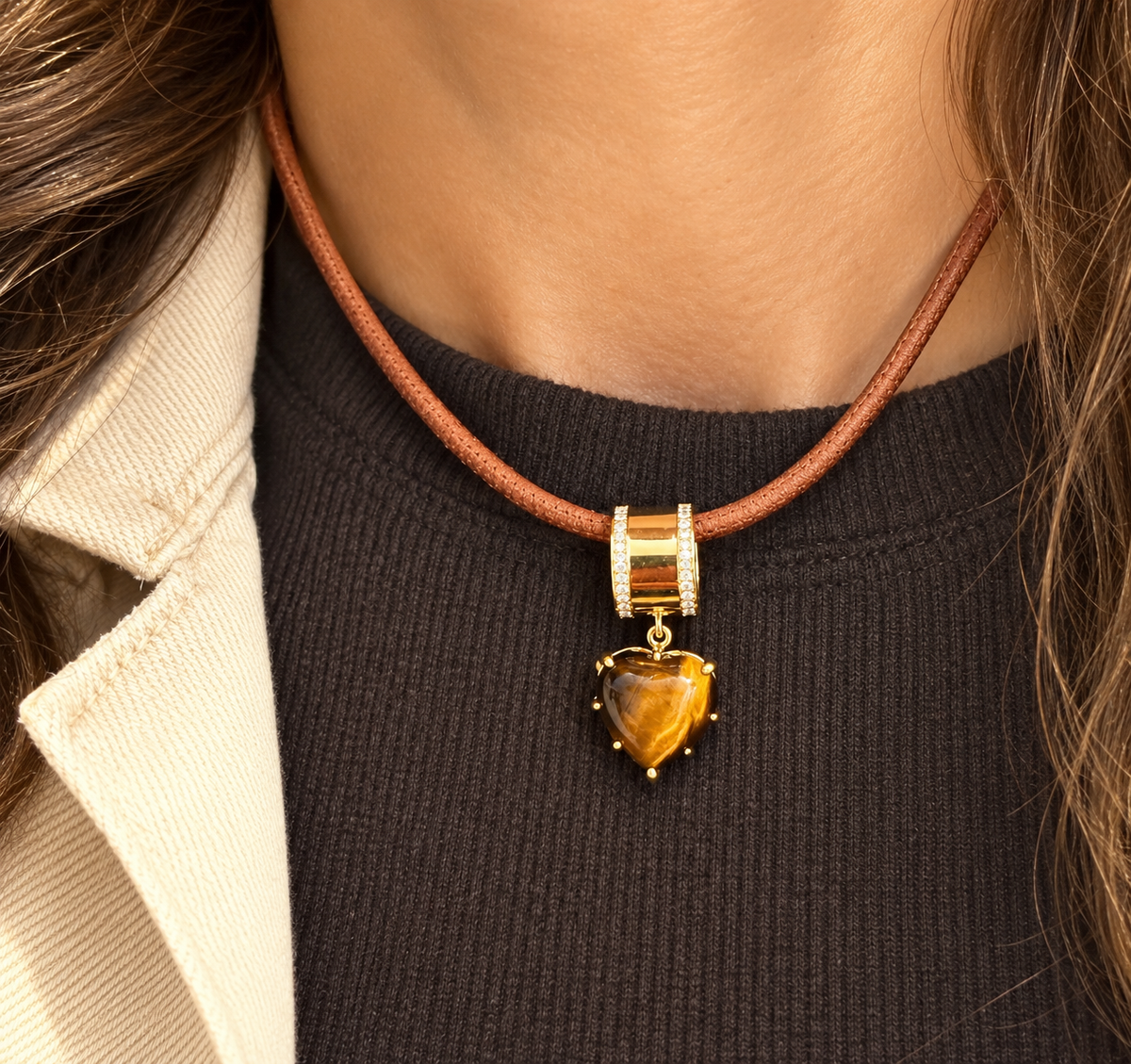 Tiger Eye Heart Charm On Large Bail