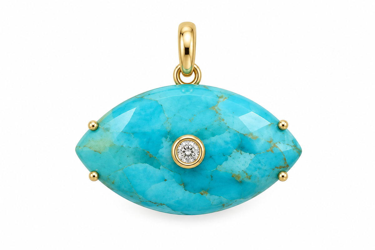 Yellow Gold Turquoise Evil Eye Pendant (Charm Bar)