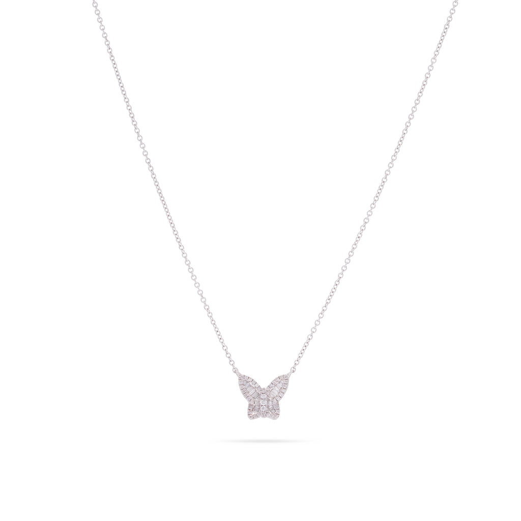 Baguette Butterfly Necklace in White Gold